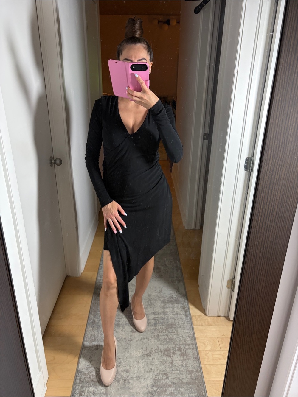 Zara Black Long-Sleeve Asymmetrical V-Neck Dress